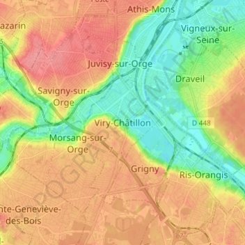 Topografische kaart Viry-Châtillon, hoogte, reliëf