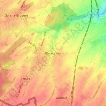 Topografische kaart Blaregnies, hoogte, reliëf