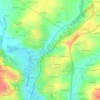 Topografische kaart Kervers, hoogte, reliëf