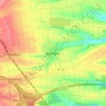 Topografische kaart Bibergau, hoogte, reliëf