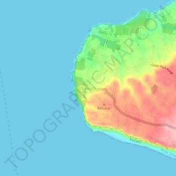 Topografische kaart Uluwatu, hoogte, reliëf