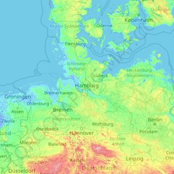 Topografische kaart Hamburg, hoogte, reliëf