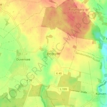 Topografische kaart Bergrade, hoogte, reliëf