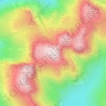 Topografische kaart Scafell Pike, hoogte, reliëf
