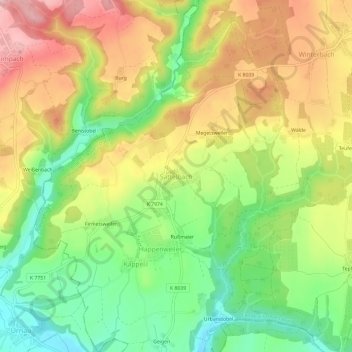 Topografische kaart Sattelbach, hoogte, reliëf