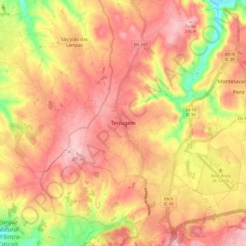 Topografische kaart Terrugem, hoogte, reliëf