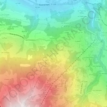 Topografische kaart Les Granges, hoogte, reliëf