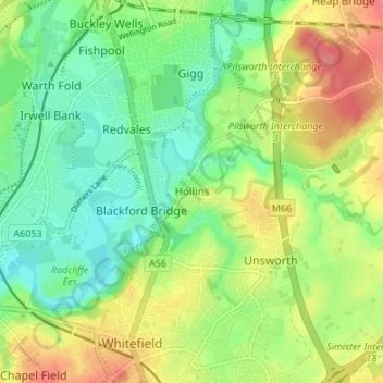 Topografische kaart Hollins, hoogte, reliëf