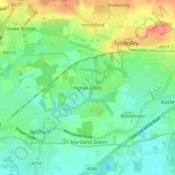 Topografische kaart Higher Folds, hoogte, reliëf