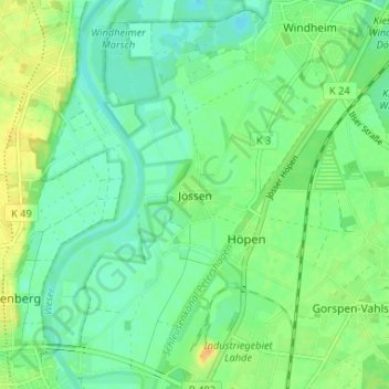 Topografische kaart Jössen, hoogte, reliëf