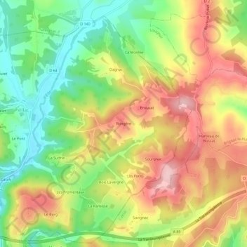 Topografische kaart Rongère, hoogte, reliëf