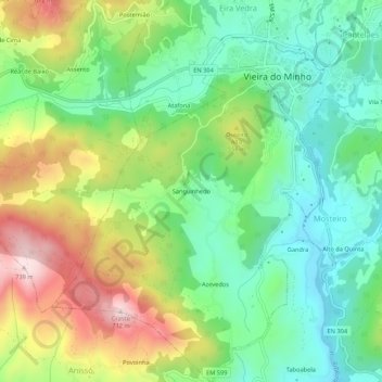 Topografische kaart Sanguinhedo, hoogte, reliëf