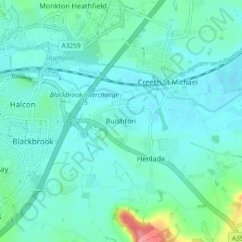 Topografische kaart Ruishton, hoogte, reliëf