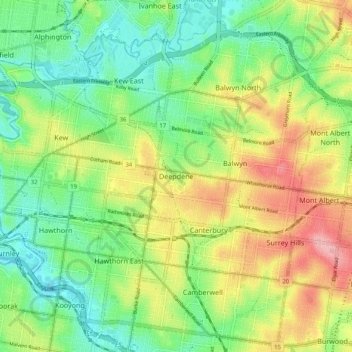 Topografische kaart Deepdene, hoogte, reliëf