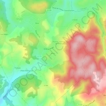 Topografische kaart Jeaux, hoogte, reliëf