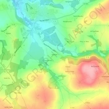 Topografische kaart Kerever, hoogte, reliëf