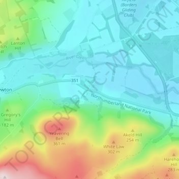 Topografische kaart Yeavering, hoogte, reliëf