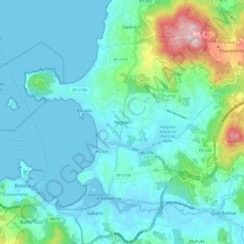 Topografische kaart Nigrán, hoogte, reliëf