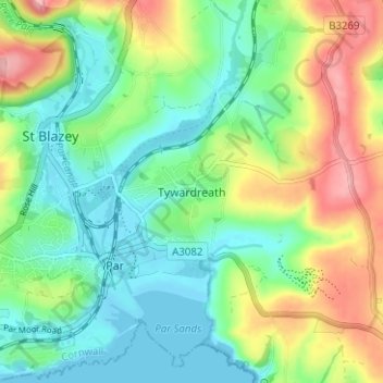 Topografische kaart Tywardreath, hoogte, reliëf