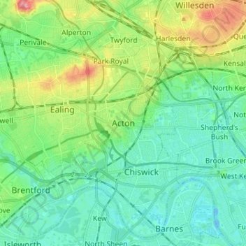 Topografische kaart Acton, hoogte, reliëf