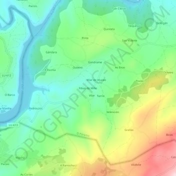 Topografische kaart Ribas de Miño, hoogte, reliëf