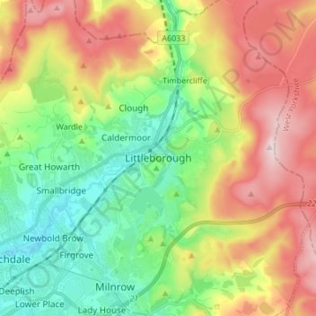 Topografische kaart Littleborough, hoogte, reliëf