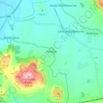 Topografische kaart Alstone, hoogte, reliëf