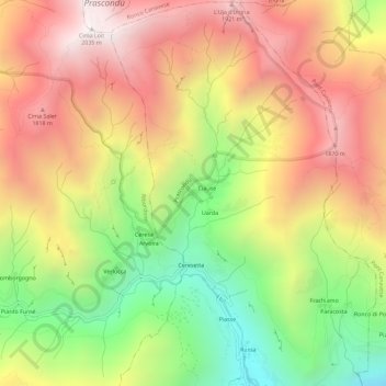 Topografische kaart Vernai, hoogte, reliëf