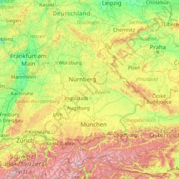 Topografische kaart Bayern, hoogte, reliëf