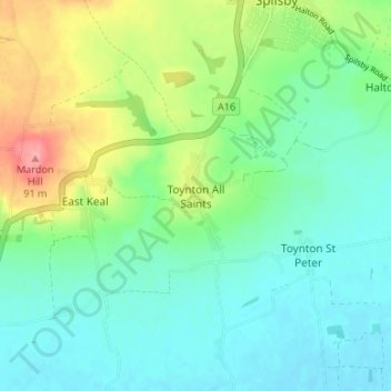 Topografische kaart Toynton All Saints, hoogte, reliëf