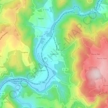 Topografische kaart Vergonzac, hoogte, reliëf