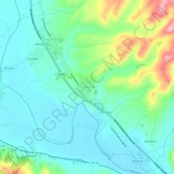 Topografische kaart Promano, hoogte, reliëf