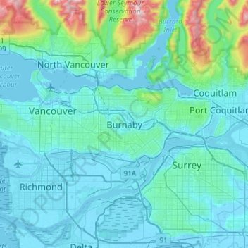 Topografische kaart Burnaby, hoogte, reliëf