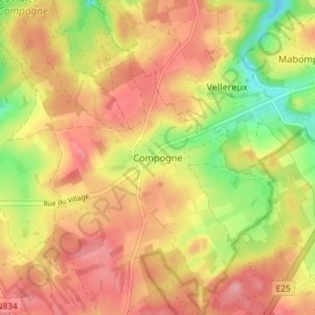 Topografische kaart Compogne, hoogte, reliëf