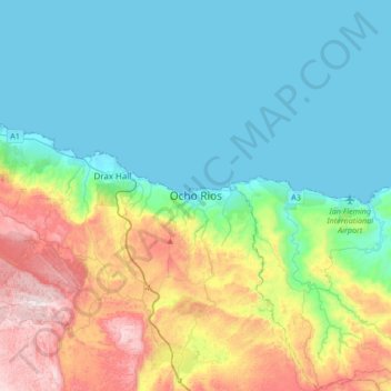 Topografische kaart Ocho Rios, hoogte, reliëf
