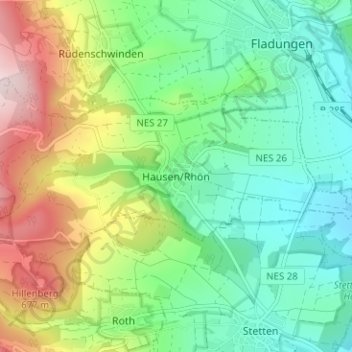 Topografische kaart Hausen/Rhön, hoogte, reliëf