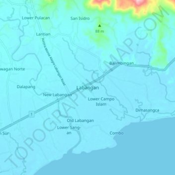 Topografische kaart Labangan, hoogte, reliëf