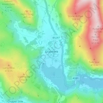 Topografische kaart Grasmere, hoogte, reliëf