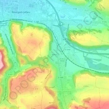 Topografische kaart Ruffieu, hoogte, reliëf