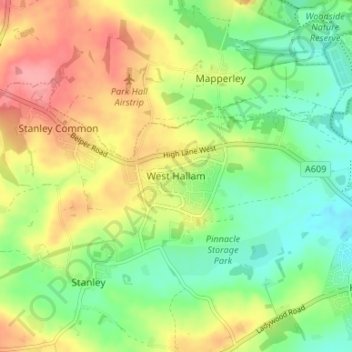 Topografische kaart West Hallam, hoogte, reliëf