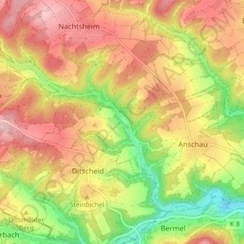 Topografische kaart Mimbach, hoogte, reliëf