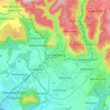 Topografische kaart Sonneberg, hoogte, reliëf