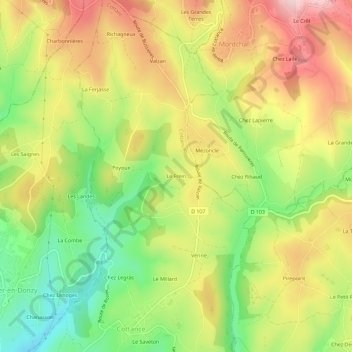 Topografische kaart Le Frein, hoogte, reliëf