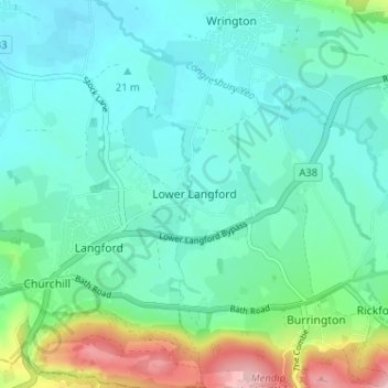 Topografische kaart Lower Langford, hoogte, reliëf