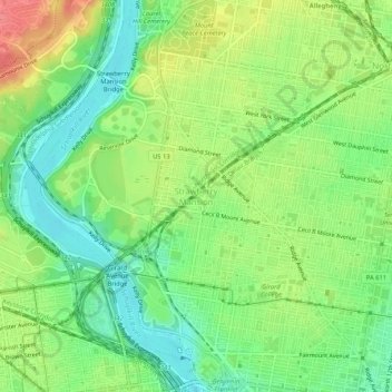 Topografische kaart Strawberry Mansion, hoogte, reliëf