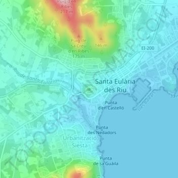 Topografische kaart Puig de Missa, hoogte, reliëf