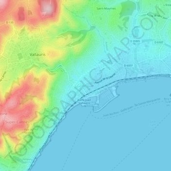 Topografische kaart Golfe-Juan, hoogte, reliëf