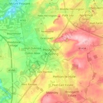 Topografische kaart Houghton-le-Spring, hoogte, reliëf