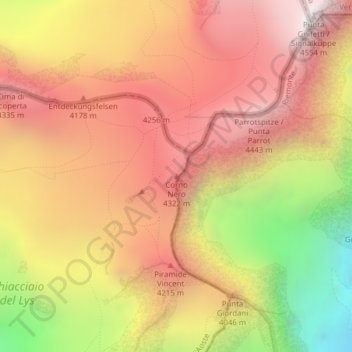 Topografische kaart Corno Nero, hoogte, reliëf