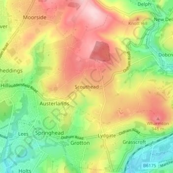 Topografische kaart Scouthead, hoogte, reliëf